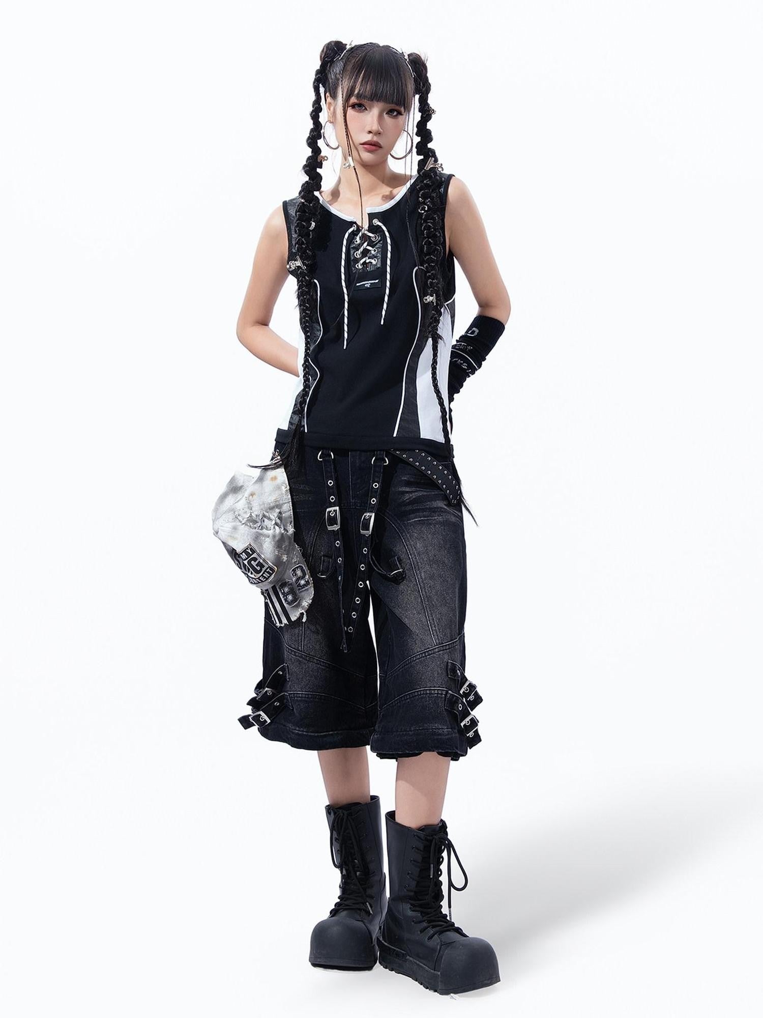 MOGONGSHE Rivet Leather Patchwork Strappy Punk Women's Leather Tank Tops