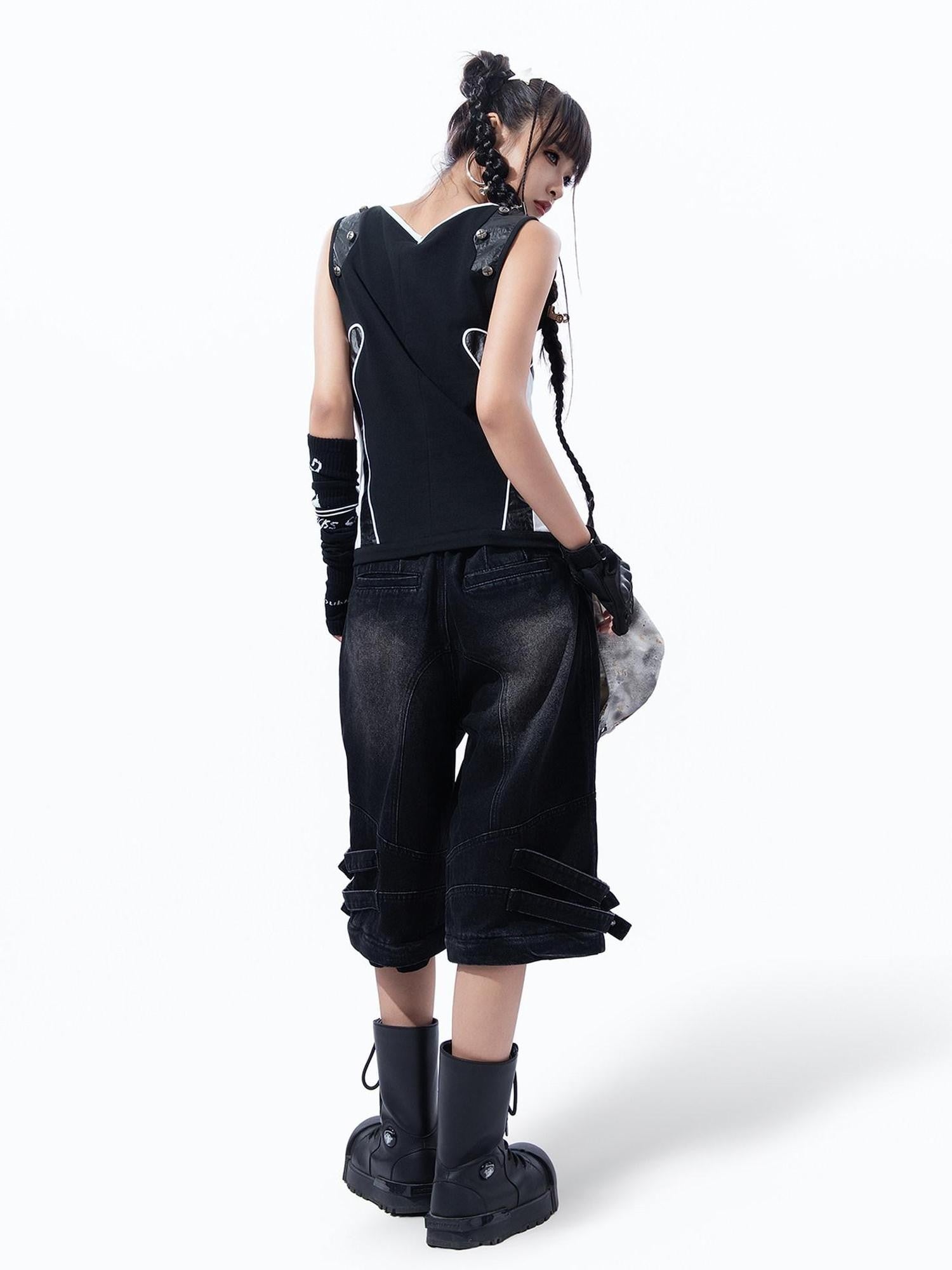 MOGONGSHE Rivet Leather Patchwork Strappy Punk Women's Leather Tank Tops
