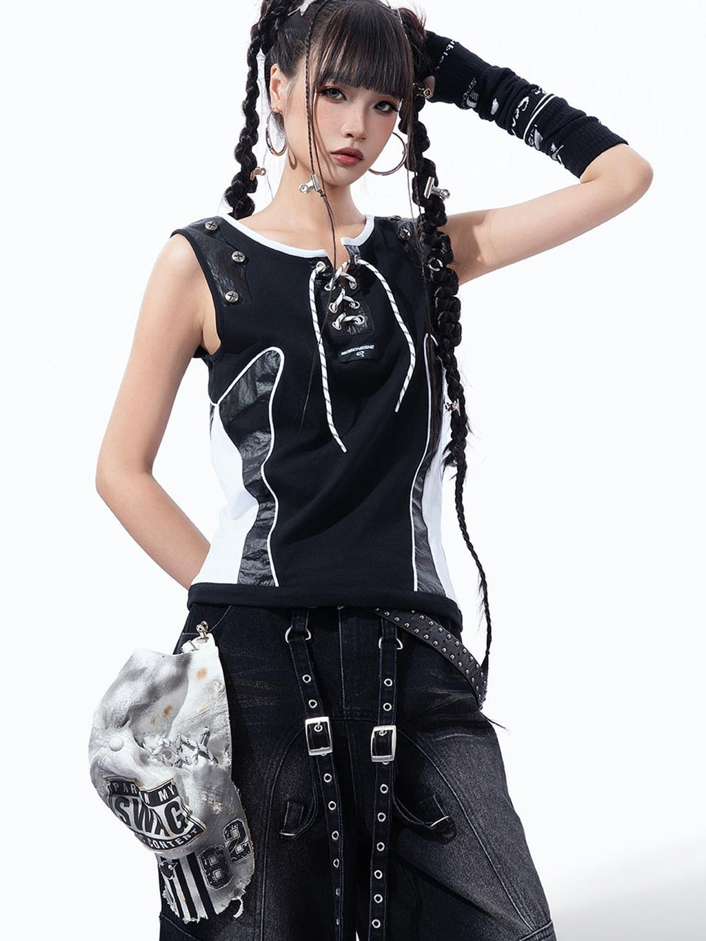 MOGONGSHE Rivet Leather Patchwork Strappy Punk Women's Leather Tank Tops