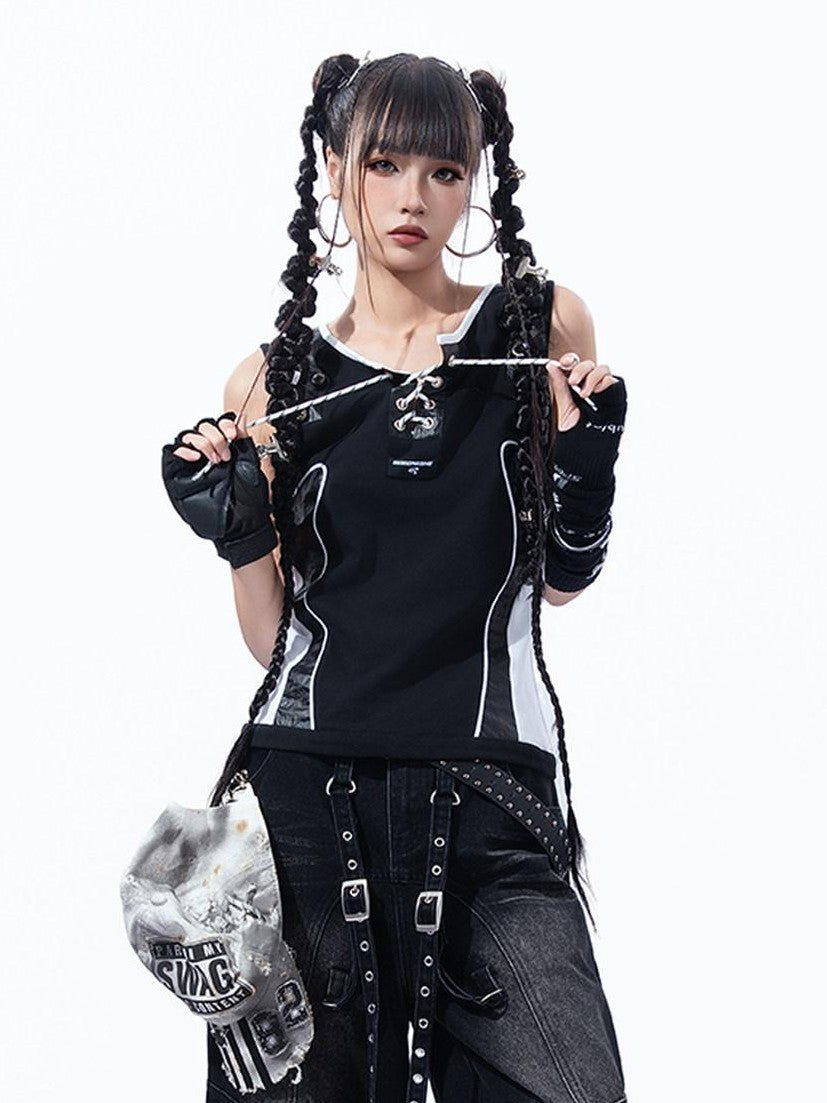 MOGONGSHE Rivet Leather Patchwork Strappy Punk Women's Leather Tank Tops