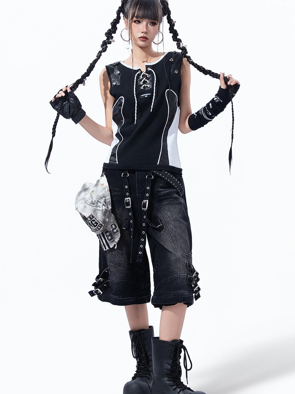 MOGONGSHE Rivet Leather Patchwork Strappy Punk Women's Leather Tank Tops