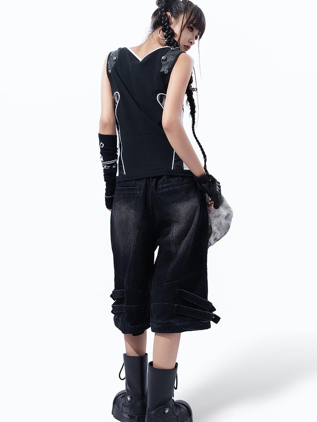 MOGONGSHE Rivet Leather Patchwork Strappy Punk Women's Leather Tank Tops