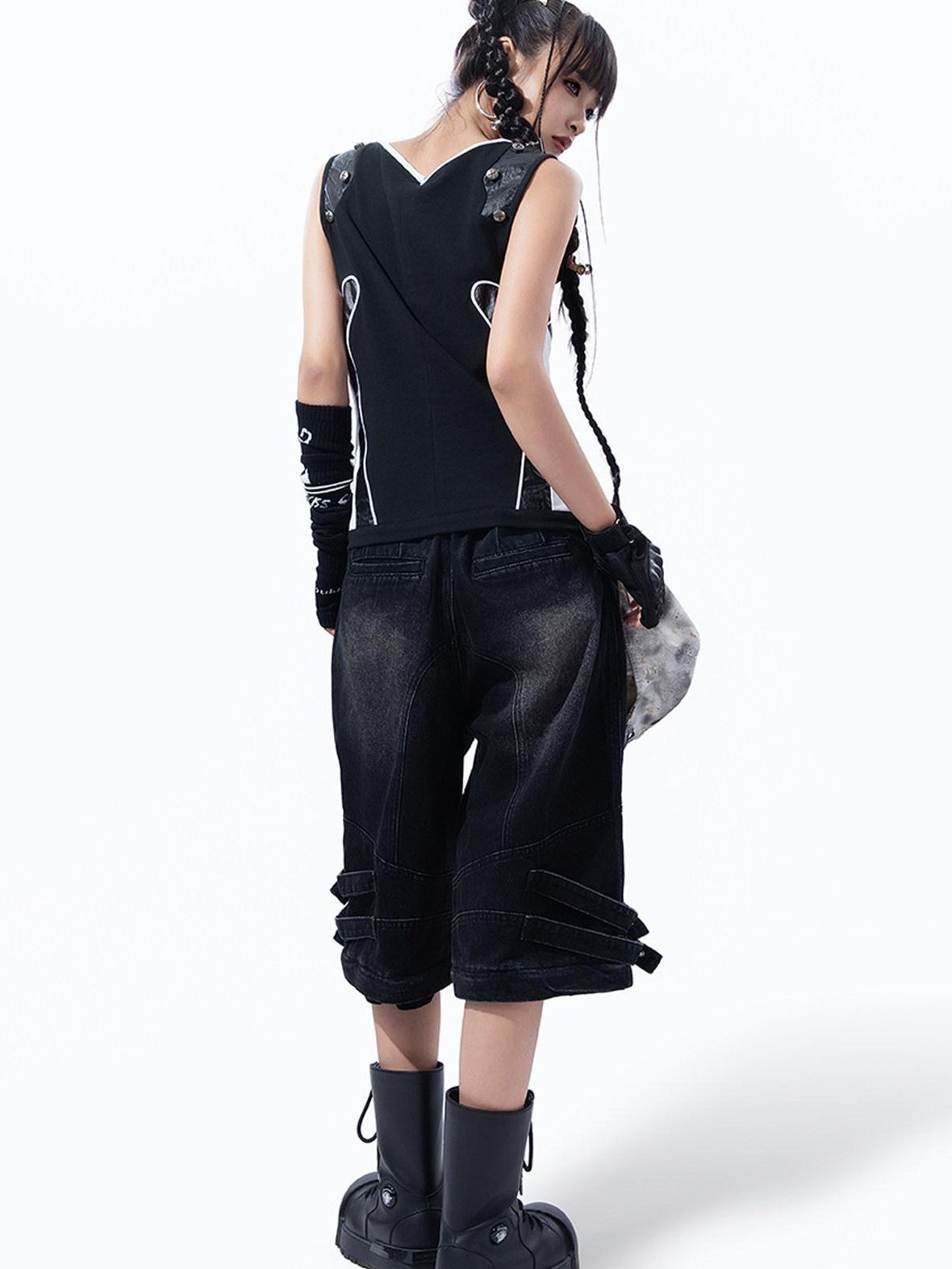 MOGONGSHE Rivet Leather Patchwork Strappy Punk Women's Leather Tank Tops