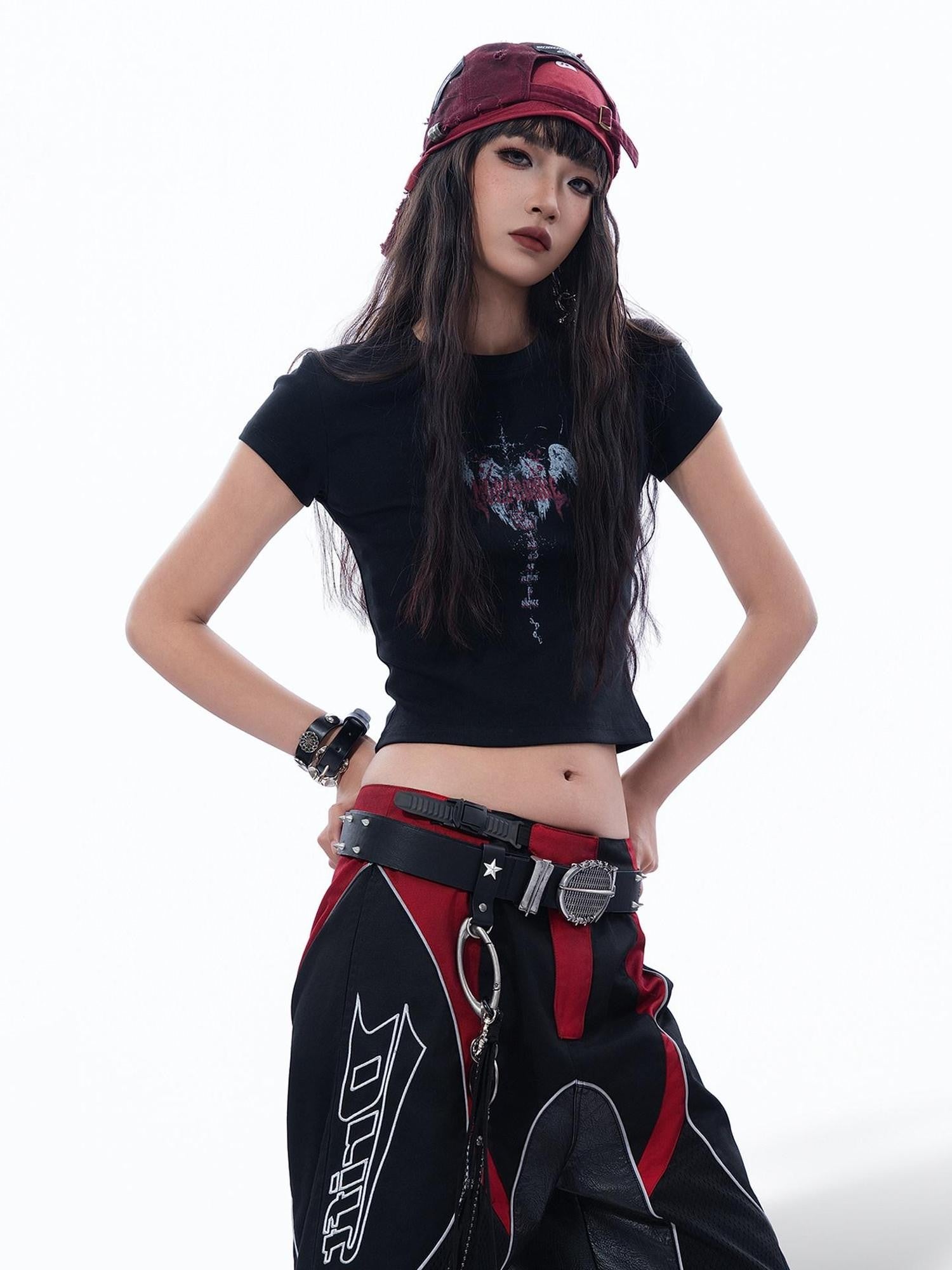 MOGONGSHE Sacred Heart Angel Dark Subculture Slim Fit Straight Shoulder Women's Crop Tops