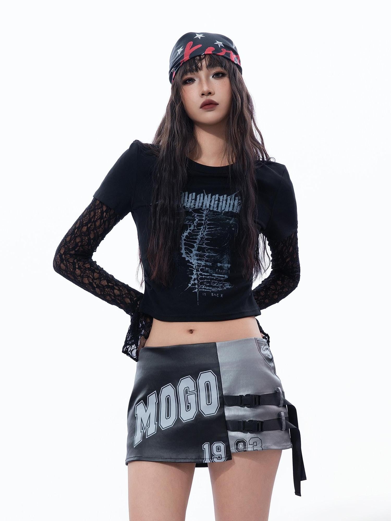 MOGONGSHE Stage Bell Sleeve Slim Cropped Faux Two Piece Women's Lace Long Sleeve T-shirts