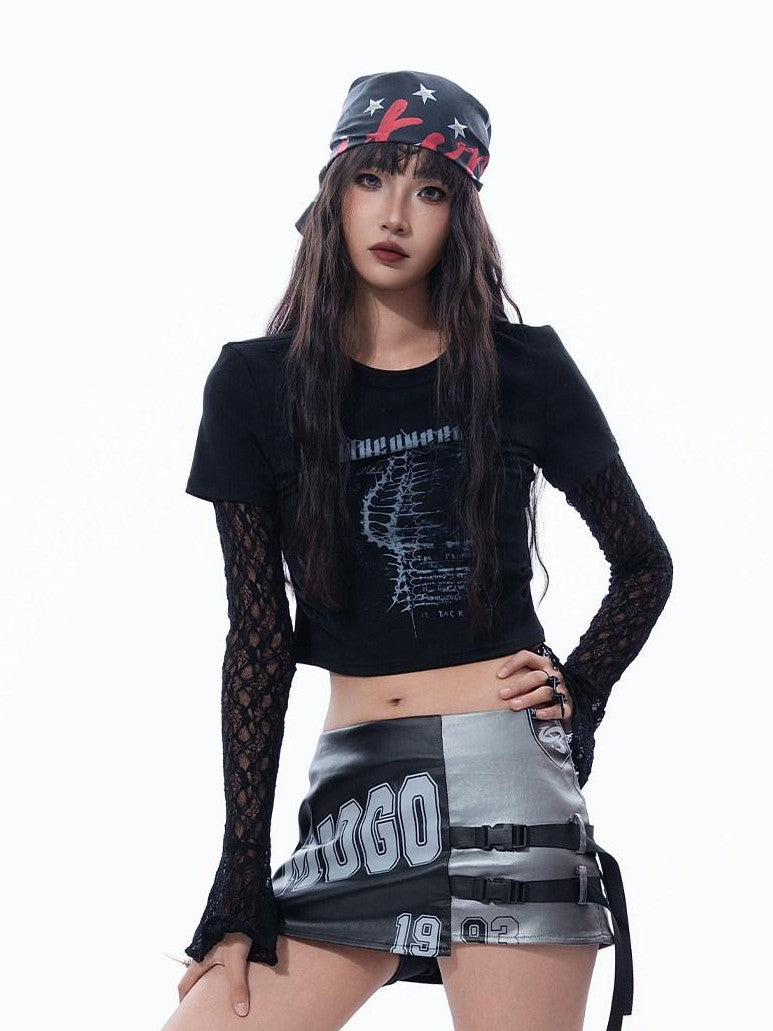 MOGONGSHE Stage Bell Sleeve Slim Cropped Faux Two Piece Women's Lace Long Sleeve T-shirts