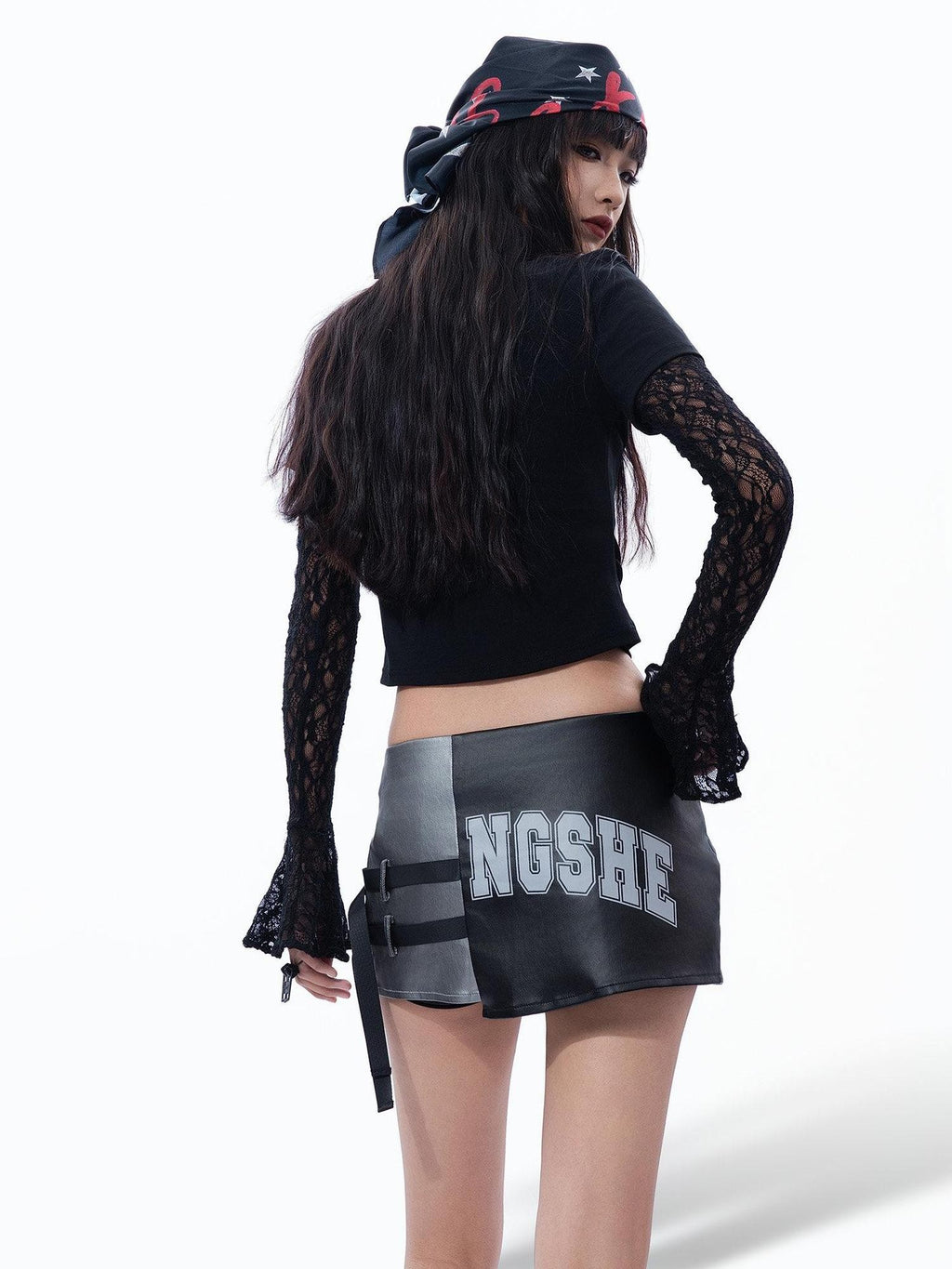 MOGONGSHE Stage Bell Sleeve Slim Cropped Faux Two Piece Women's Lace Long Sleeve T-shirts