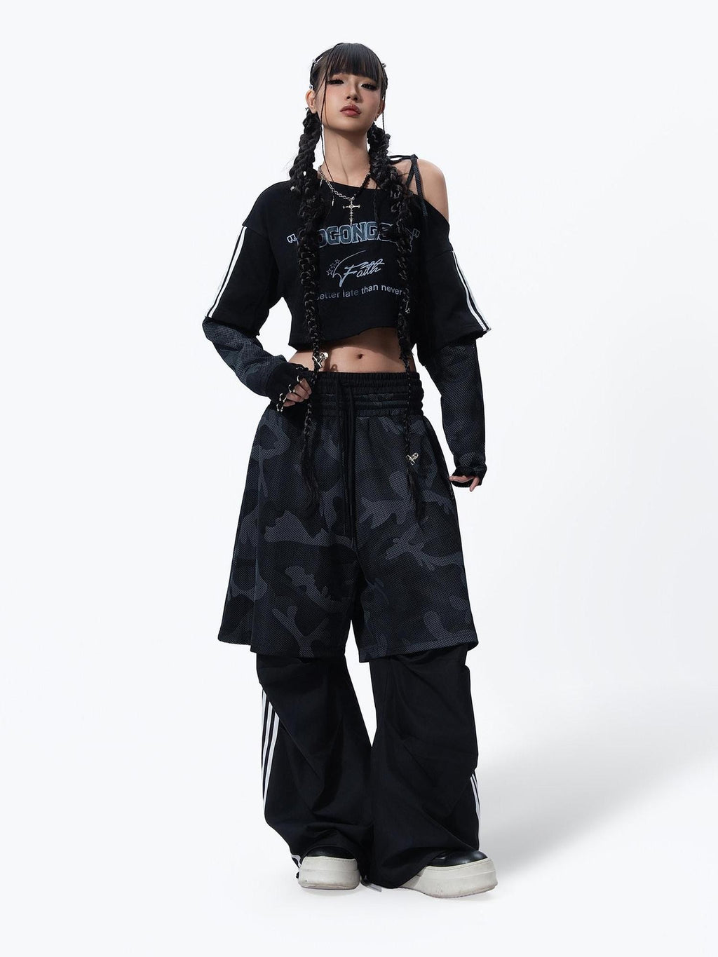 MOGONGSHE Streetwear Camouflage Striped Hooded Women's Three Piece Tracksuit Sets