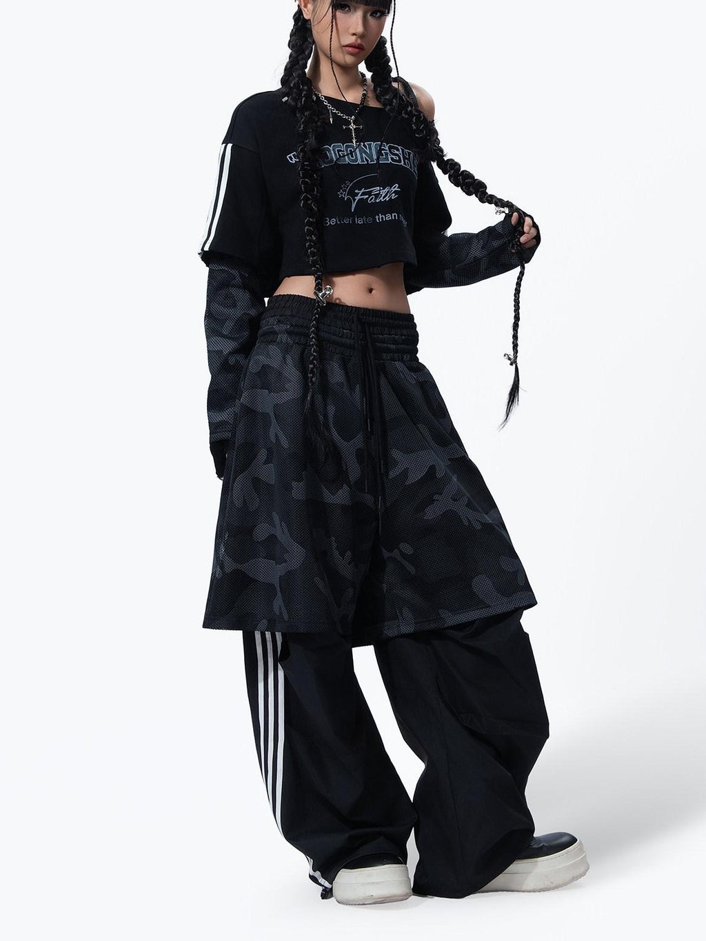 MOGONGSHE Streetwear Camouflage Striped Hooded Women's Three Piece Tracksuit Sets