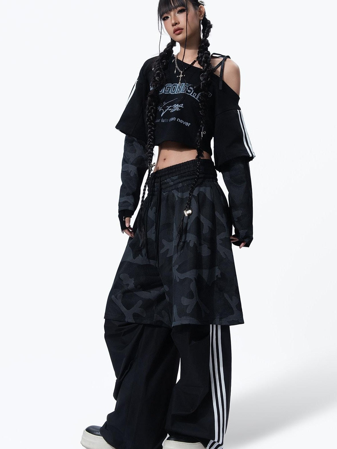 MOGONGSHE Streetwear Camouflage Striped Hooded Women's Three Piece Tracksuit Sets