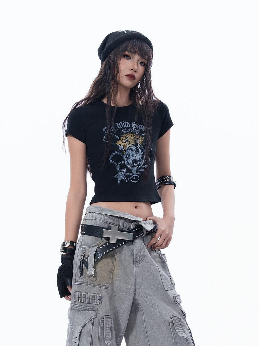 MOGONGSHE Sweet Cool Chain And Gold Leopard Holding Ball Print Women's Crop Tops