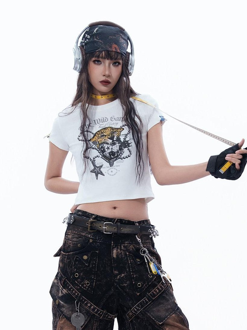 MOGONGSHE Sweet Cool Chain And Gold Leopard Holding Ball Print Women's Crop Tops