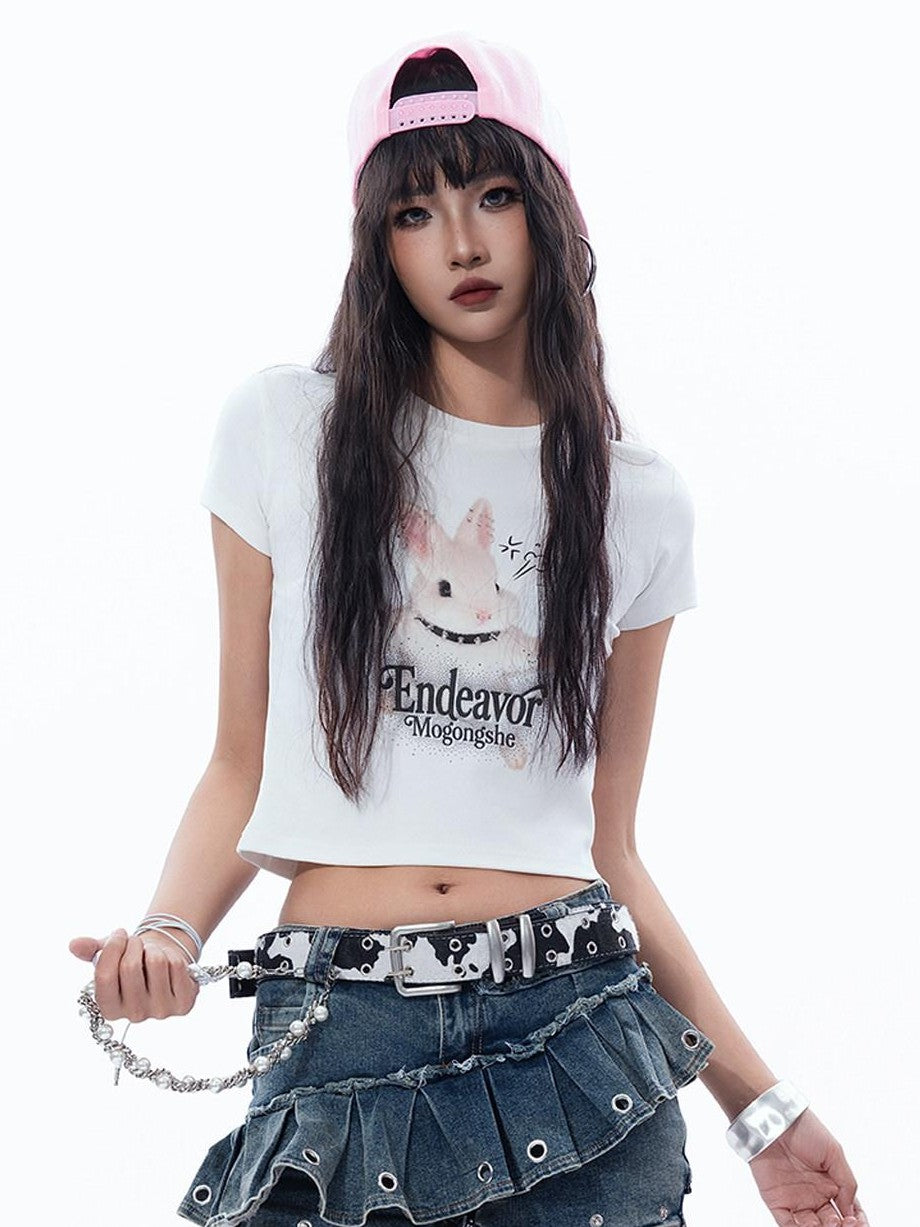 MOGONGSHE Sweet Punk Studded Rabbit Slim Short Sleeve Women's Crop Tops