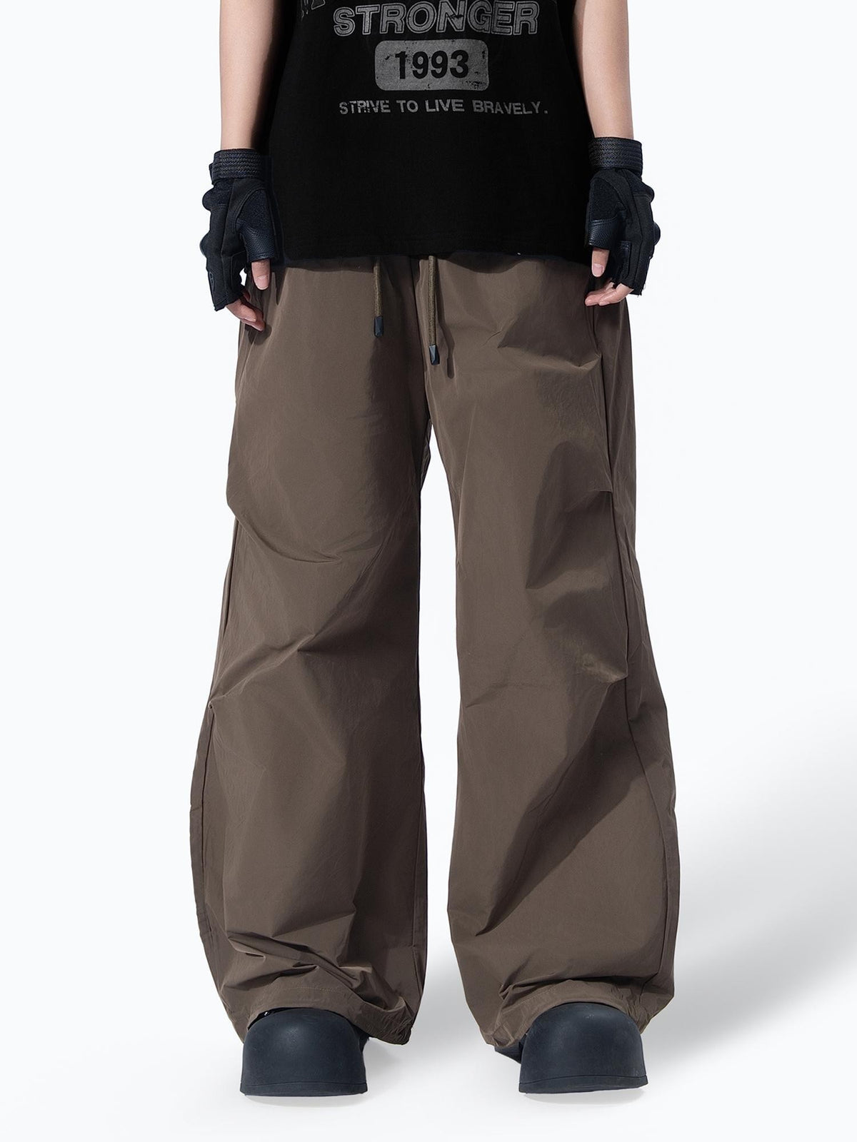 MOGONGSHE Techwear Structured Pleated Drawstring Women's Polyester Wide-leg Pants