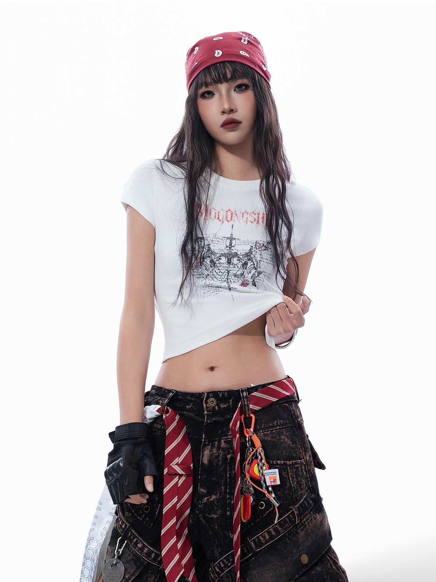 MOGONGSHE Thorn Cross American Print Short Sleeve Slim Women's Crop Tops