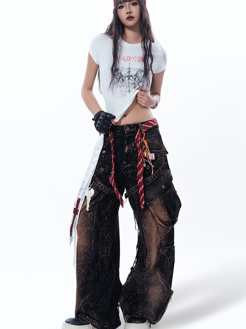 MOGONGSHE Thorn Cross American Print Short Sleeve Slim Women's Crop Tops