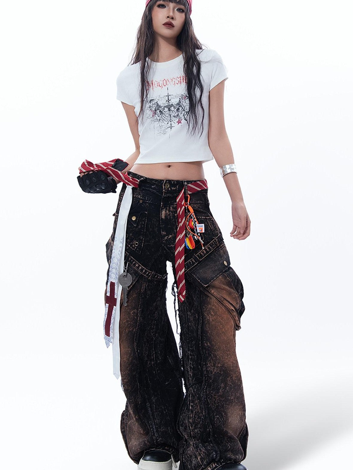 MOGONGSHE Thorn Cross American Print Short Sleeve Slim Women's Crop Tops