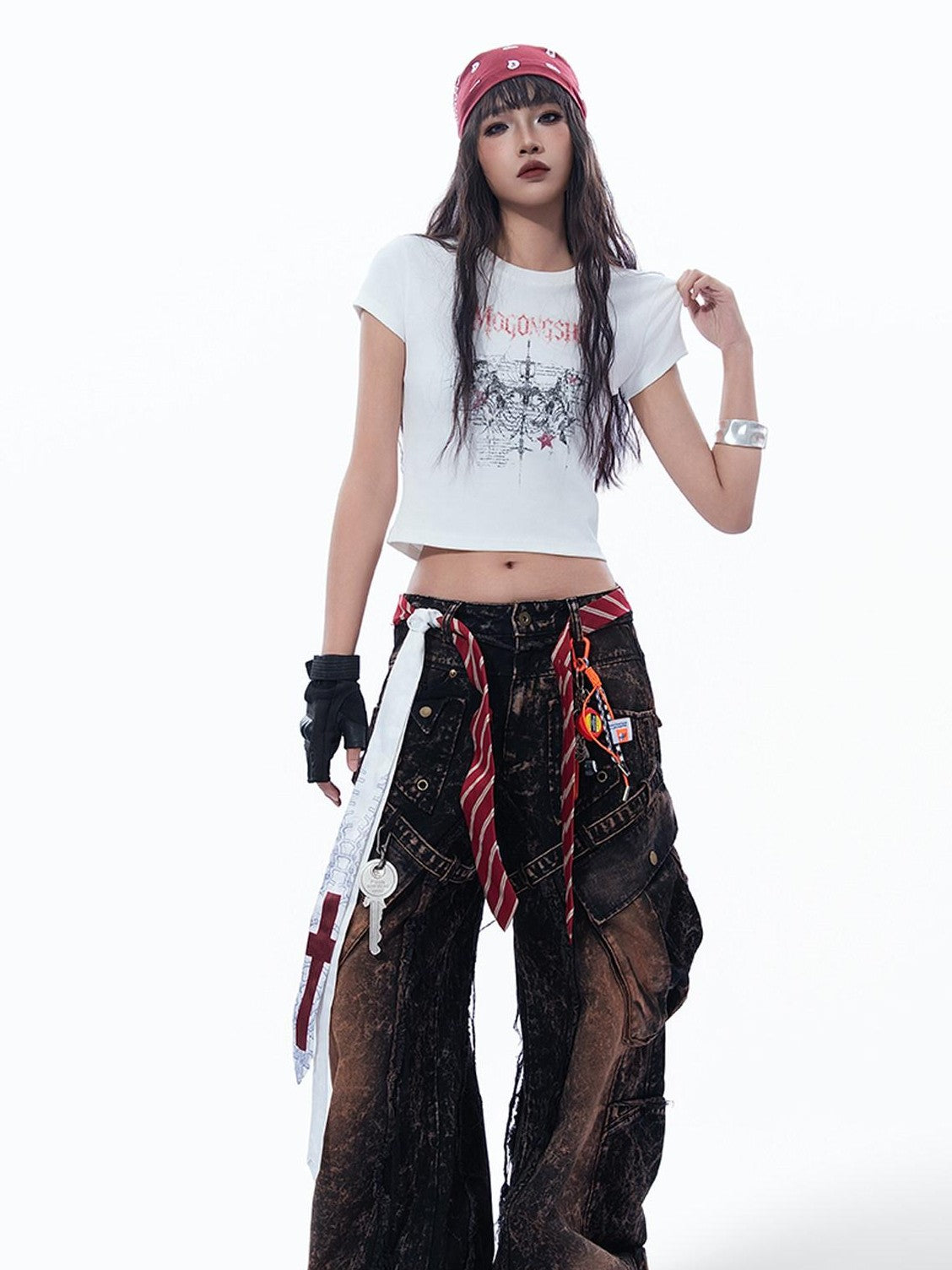 MOGONGSHE Thorn Cross American Print Short Sleeve Slim Women's Crop Tops