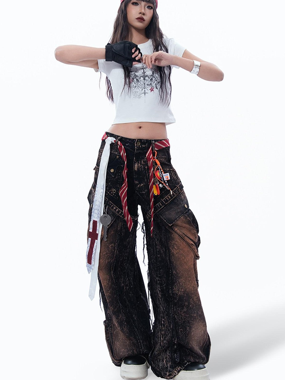 MOGONGSHE Thorn Cross American Print Short Sleeve Slim Women's Crop Tops