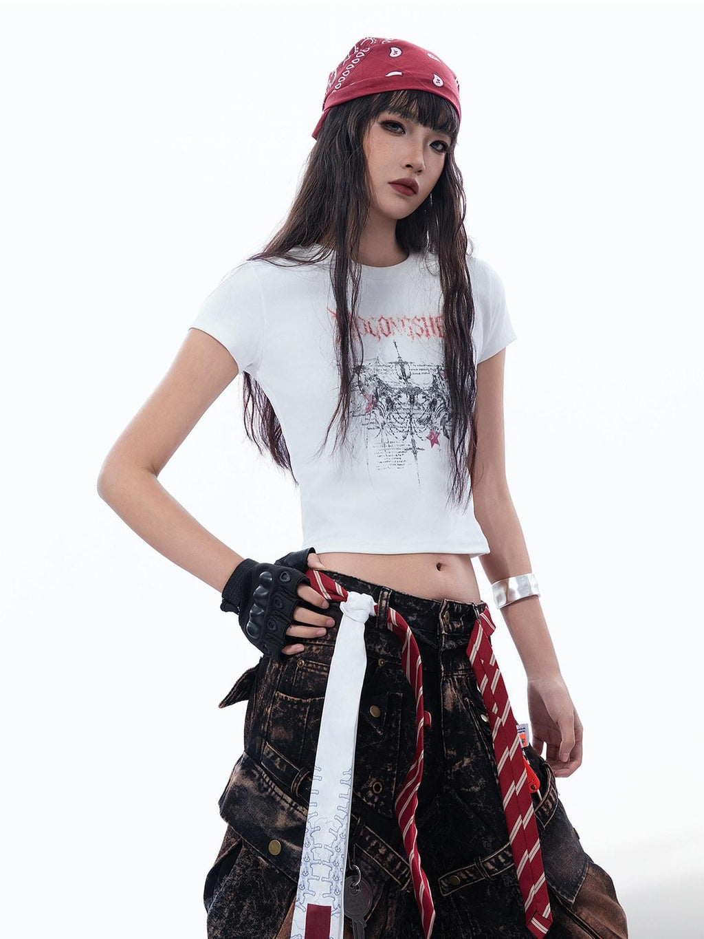 MOGONGSHE Thorn Cross American Print Short Sleeve Slim Women's Crop Tops