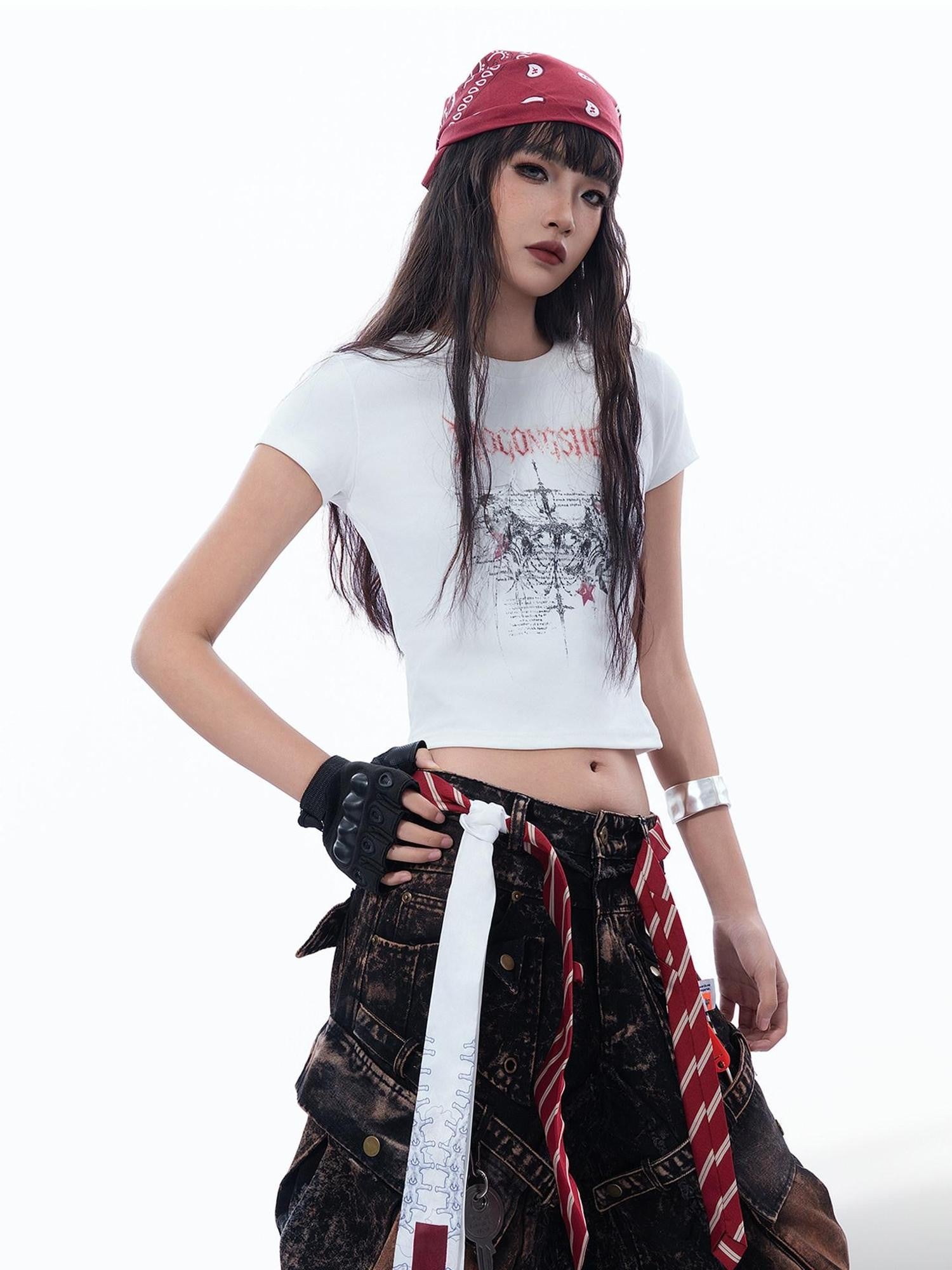MOGONGSHE Thorn Cross American Print Short Sleeve Slim Women's Crop Tops
