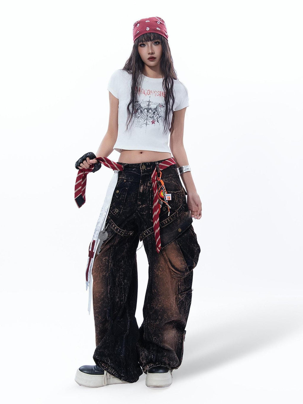 MOGONGSHE Thorn Cross American Print Short Sleeve Slim Women's Crop Tops