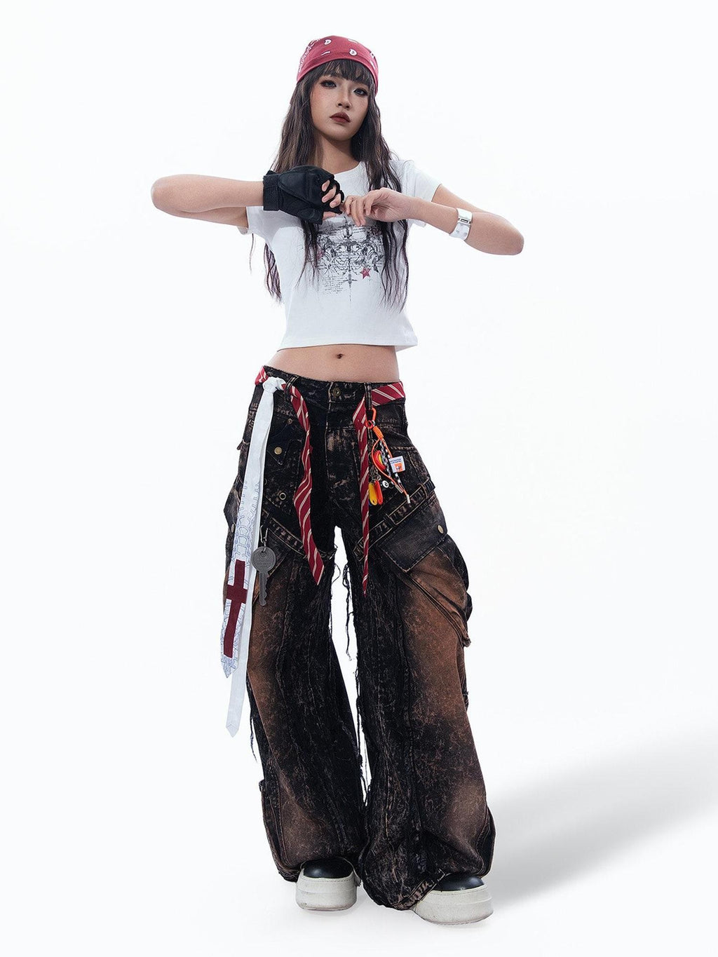 MOGONGSHE Thorn Cross American Print Short Sleeve Slim Women's Crop Tops