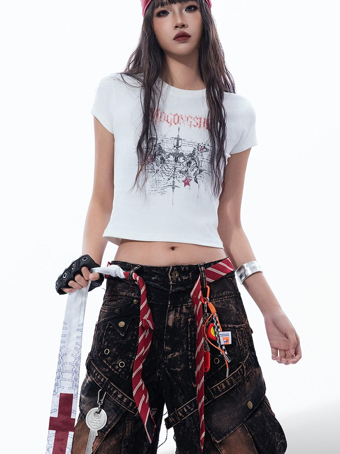 MOGONGSHE Thorn Cross American Print Short Sleeve Slim Women's Crop Tops