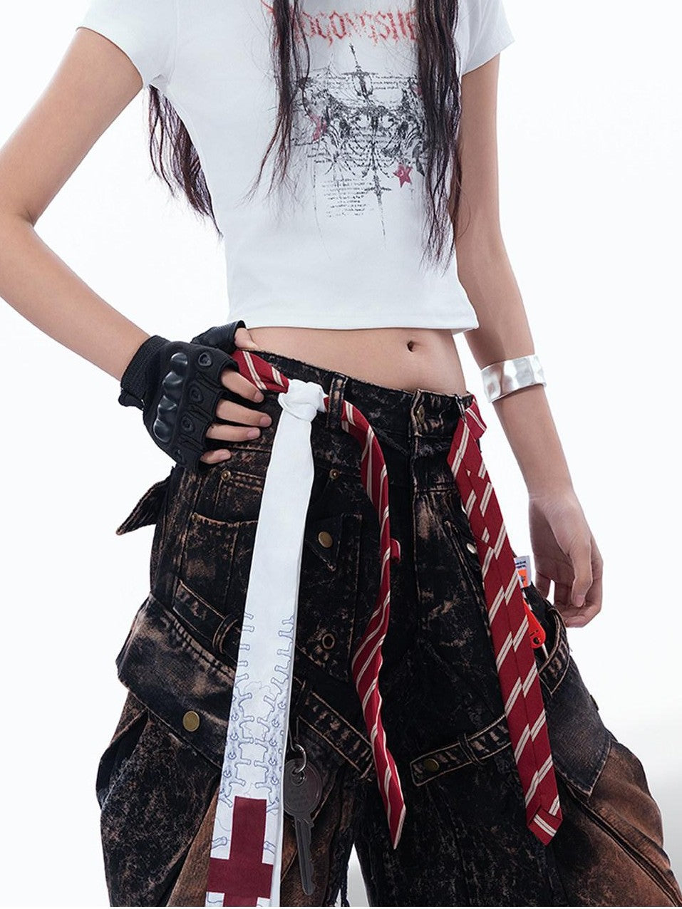 MOGONGSHE Thorn Cross American Print Short Sleeve Slim Women's Crop Tops