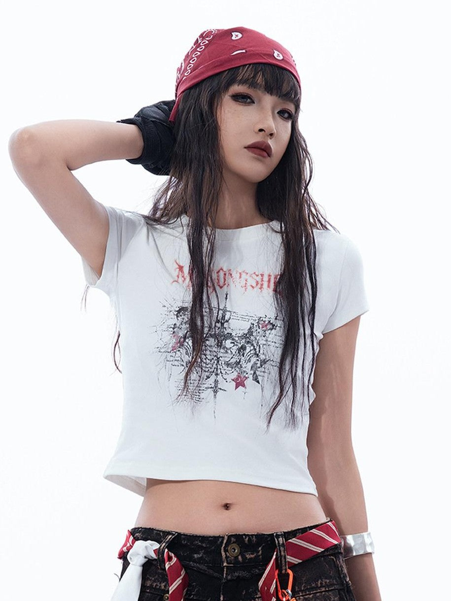 MOGONGSHE Thorn Cross American Print Short Sleeve Slim Women's Crop Tops