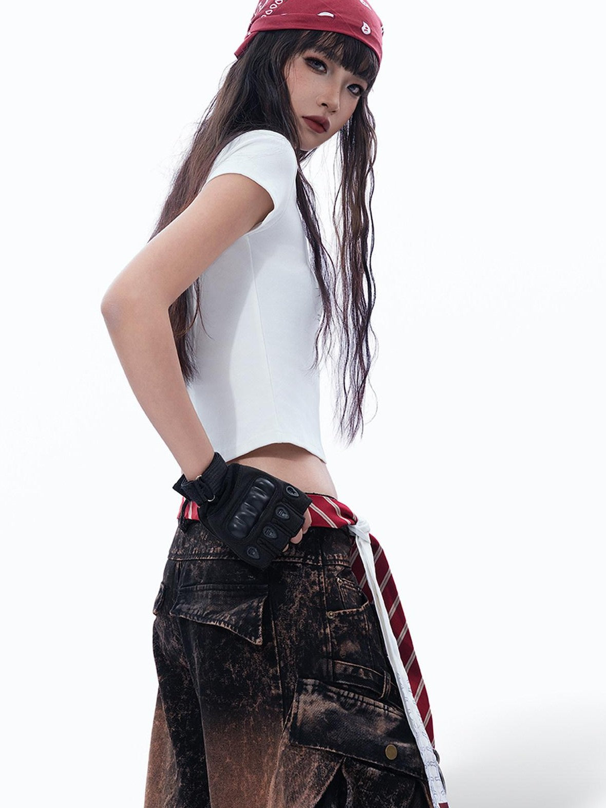 MOGONGSHE Thorn Cross American Print Short Sleeve Slim Women's Crop Tops