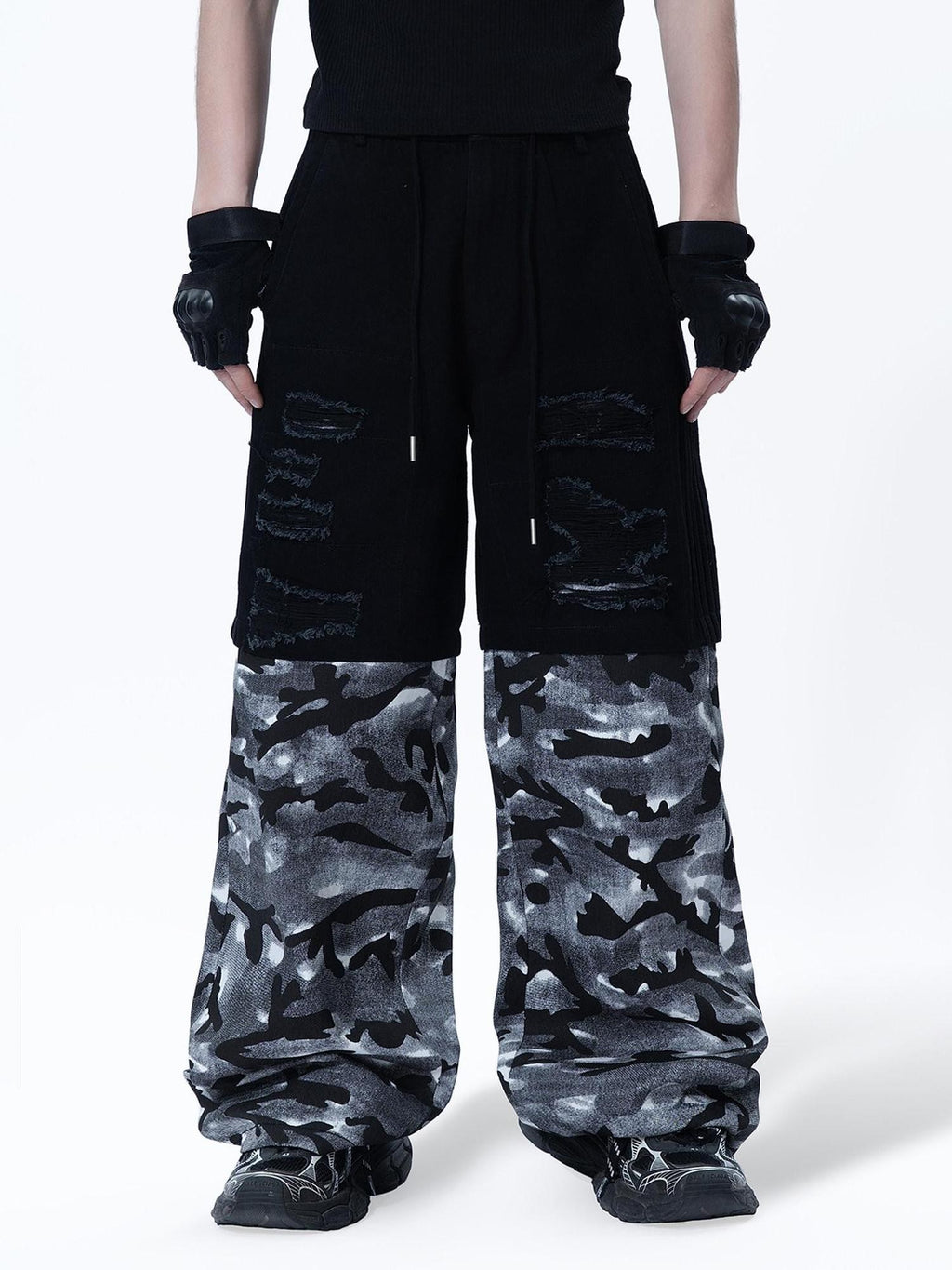 MOGONGSHE Vintage American Camouflage Patchwork Distressed Women's Denim Wide-leg Jeans