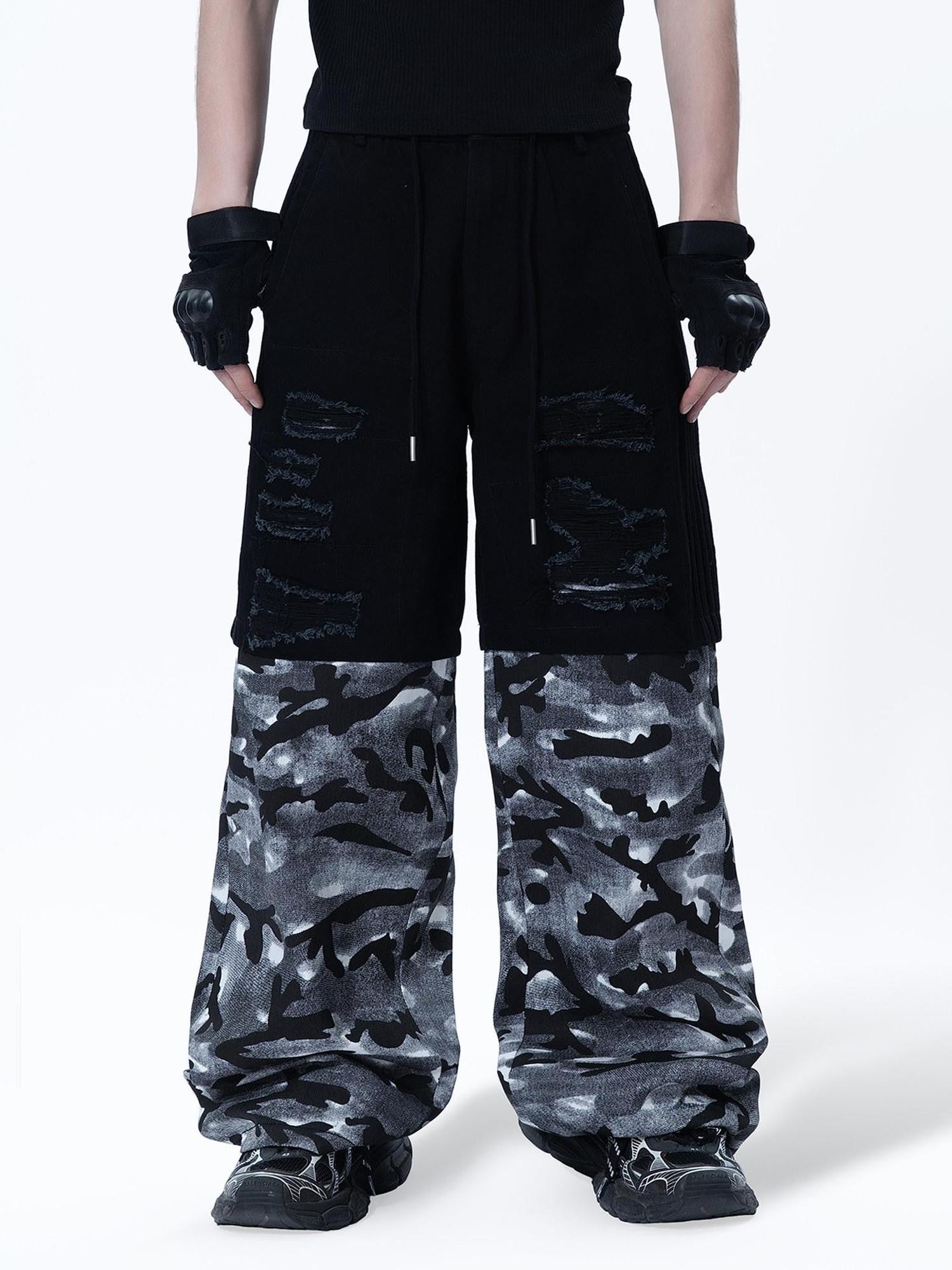MOGONGSHE Vintage American Camouflage Patchwork Distressed Women's Denim Wide-leg Jeans
