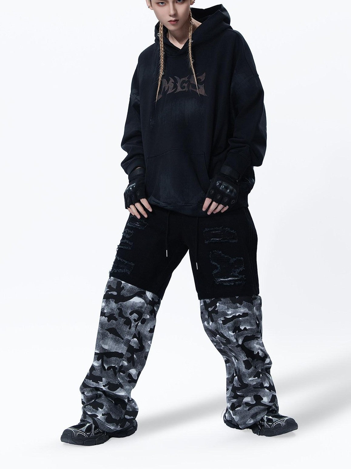 MOGONGSHE Vintage American Camouflage Patchwork Distressed Women's Denim Wide-leg Jeans