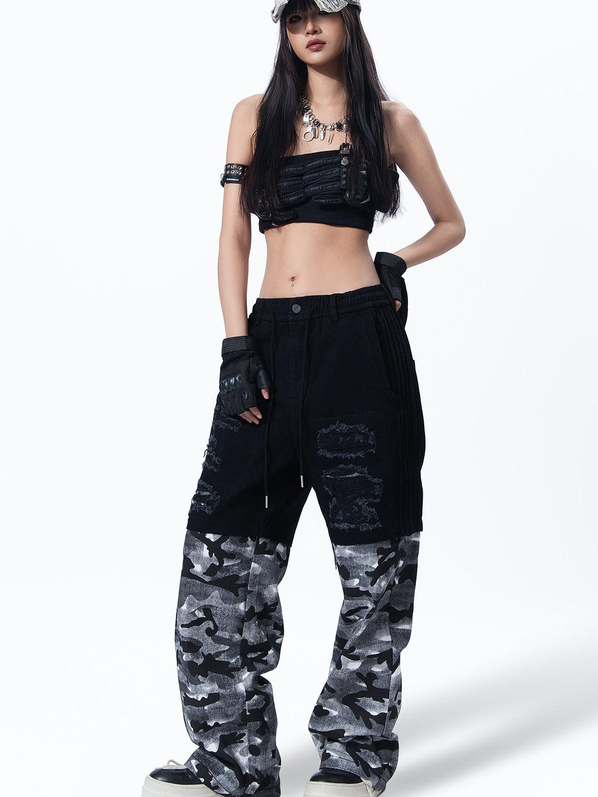 MOGONGSHE Vintage American Camouflage Patchwork Distressed Women's Denim Wide-leg Jeans