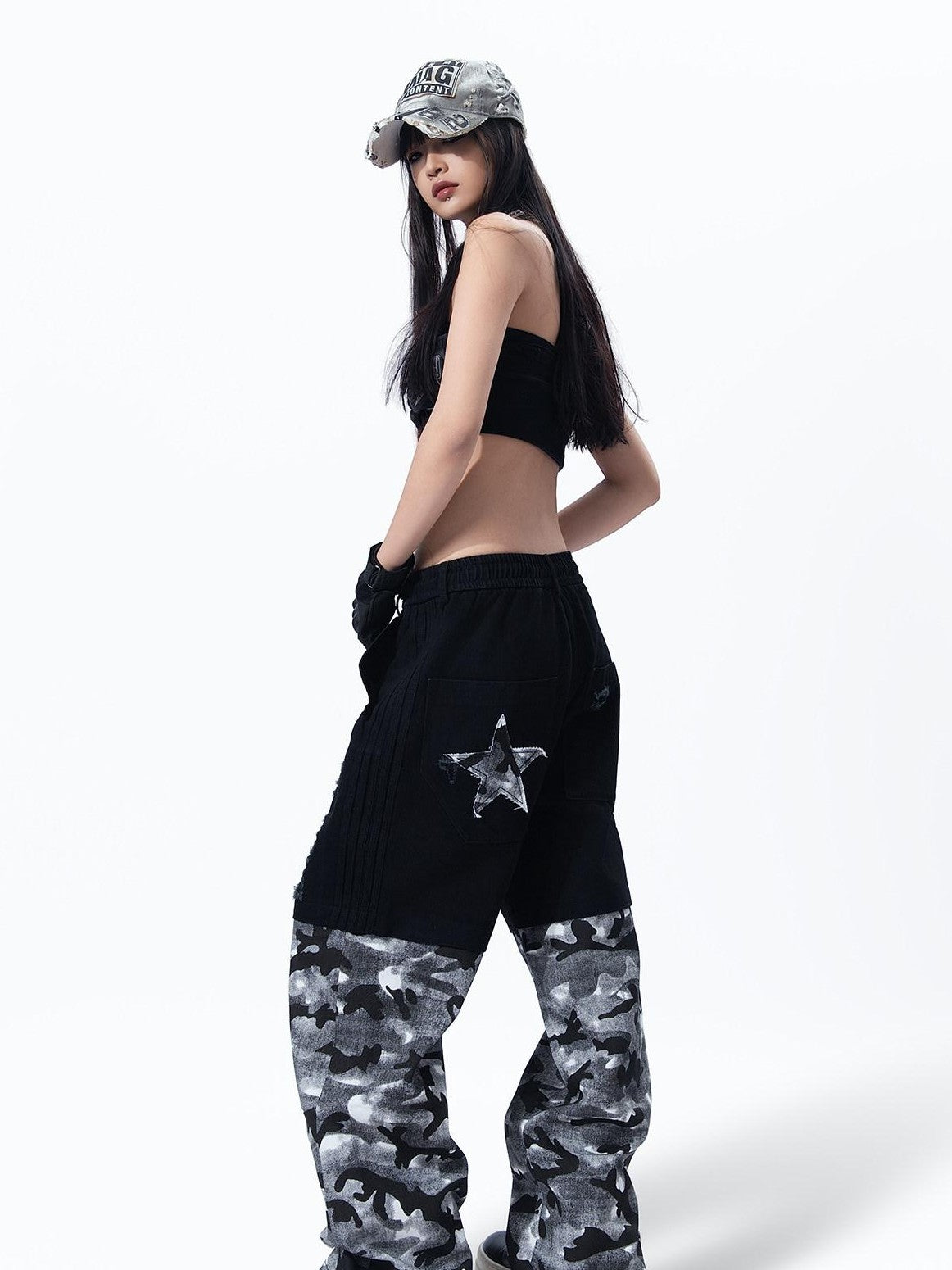 MOGONGSHE Vintage American Camouflage Patchwork Distressed Women's Denim Wide-leg Jeans