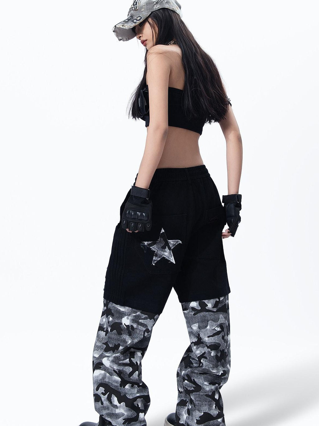 MOGONGSHE Vintage American Camouflage Patchwork Distressed Women's Denim Wide-leg Jeans