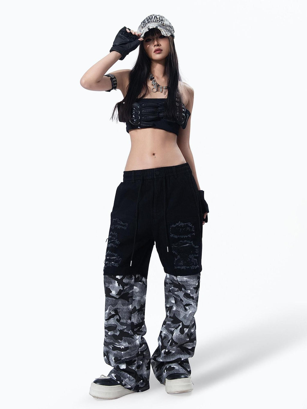 MOGONGSHE Vintage American Camouflage Patchwork Distressed Women's Denim Wide-leg Jeans
