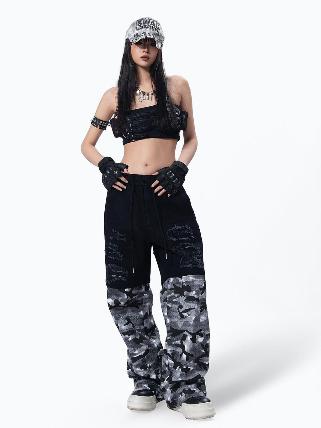 MOGONGSHE Vintage American Camouflage Patchwork Distressed Women's Denim Wide-leg Jeans