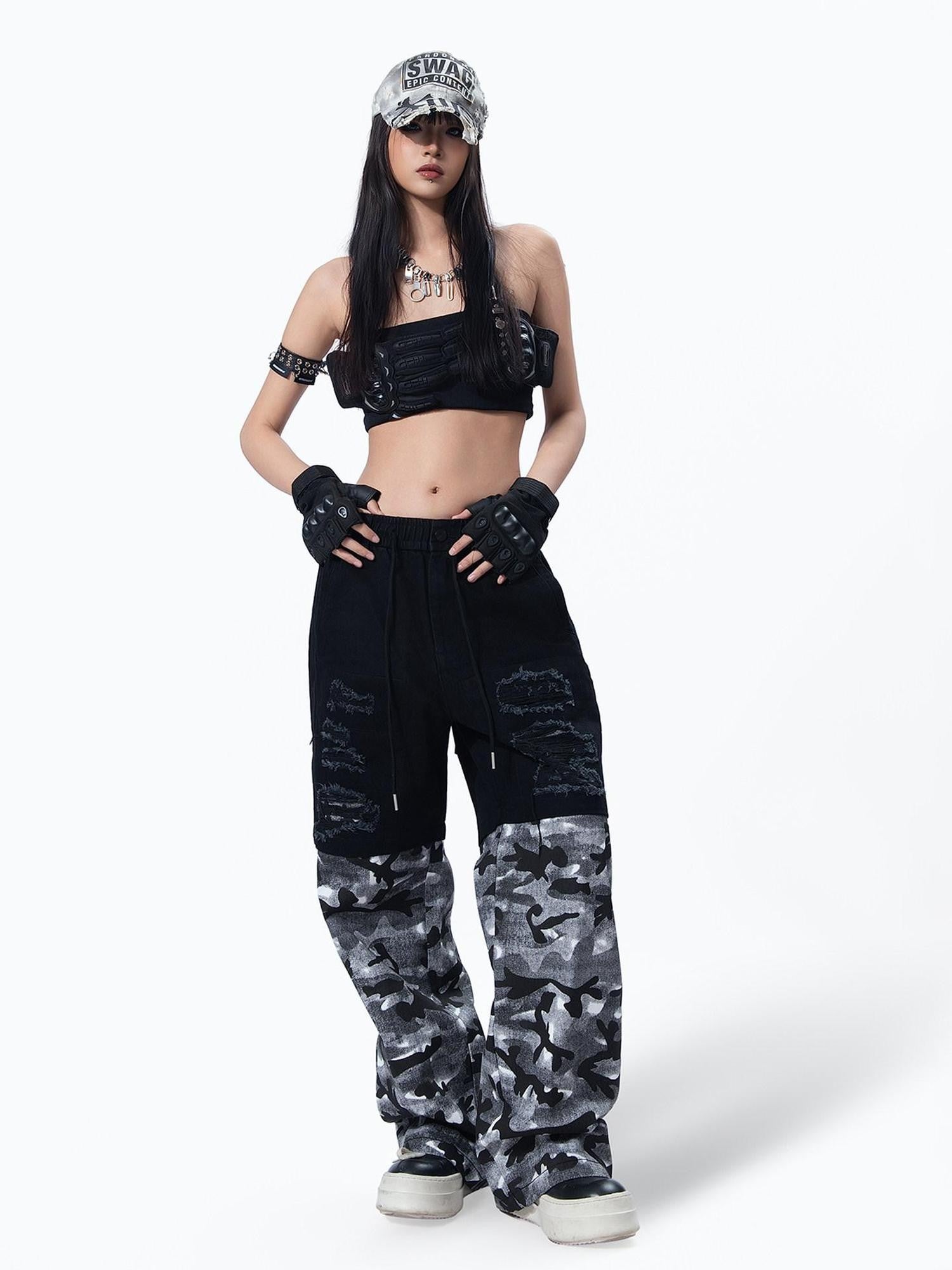 MOGONGSHE Vintage American Camouflage Patchwork Distressed Women's Denim Wide-leg Jeans