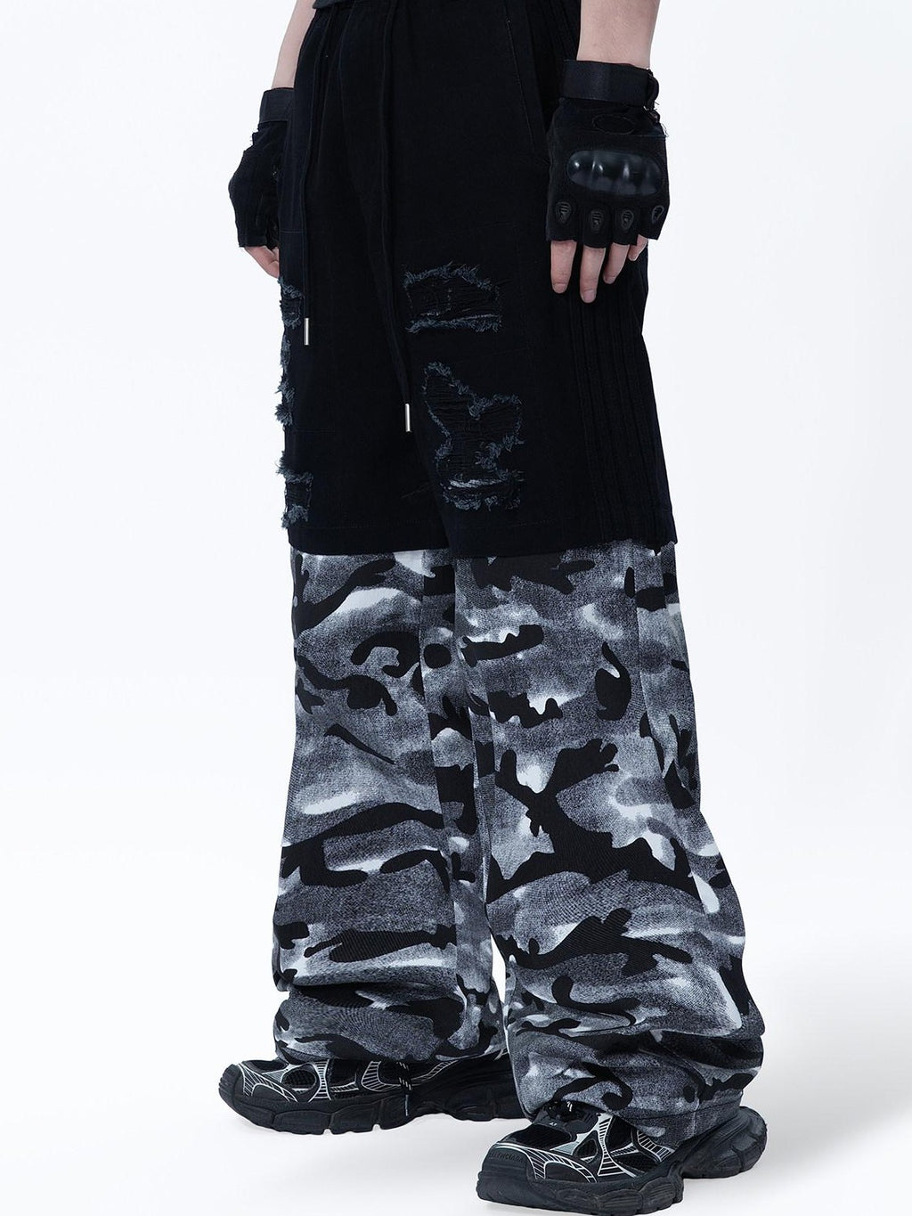 MOGONGSHE Vintage American Camouflage Patchwork Distressed Women's Denim Wide-leg Jeans