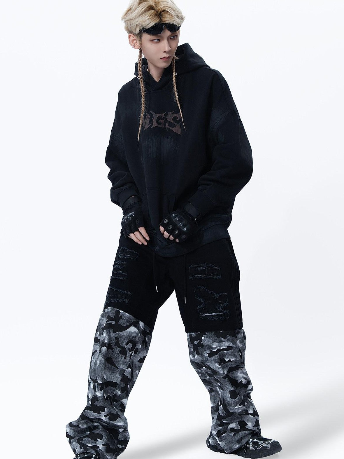 MOGONGSHE Vintage American Camouflage Patchwork Distressed Women's Denim Wide-leg Jeans