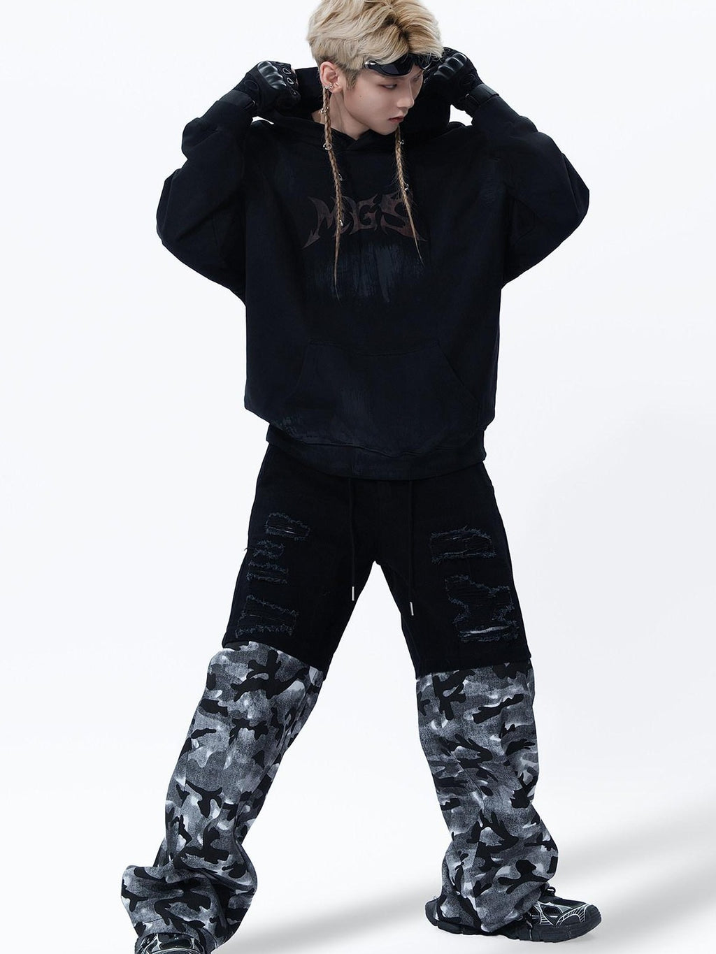 MOGONGSHE Vintage American Camouflage Patchwork Distressed Women's Denim Wide-leg Jeans