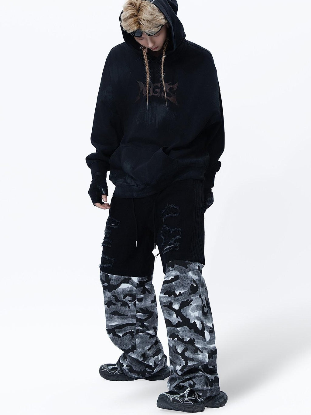 MOGONGSHE Vintage American Camouflage Patchwork Distressed Women's Denim Wide-leg Jeans