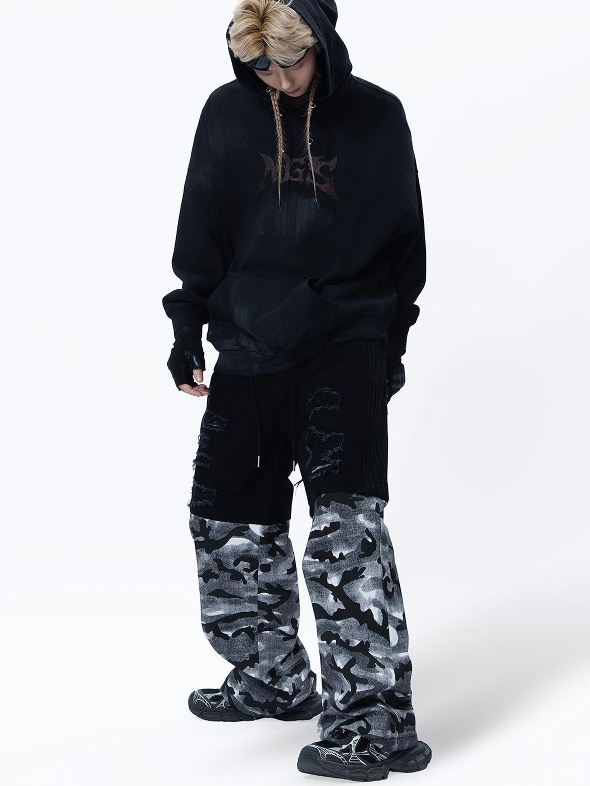 MOGONGSHE Vintage American Camouflage Patchwork Distressed Women's Denim Wide-leg Jeans