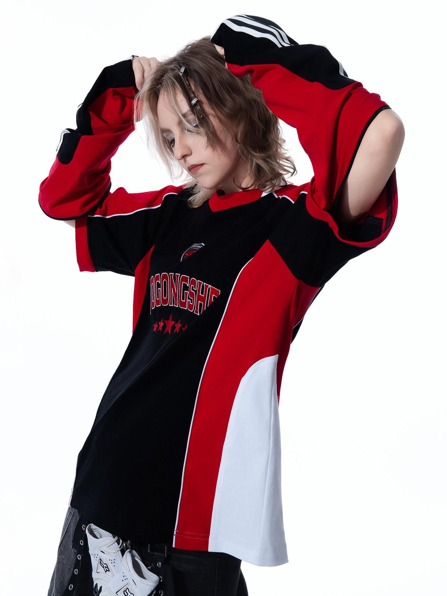 MOGONGSHE Vintage Biker Patchwork Embroidered Detachable Women's Long Sleeve T-shirts