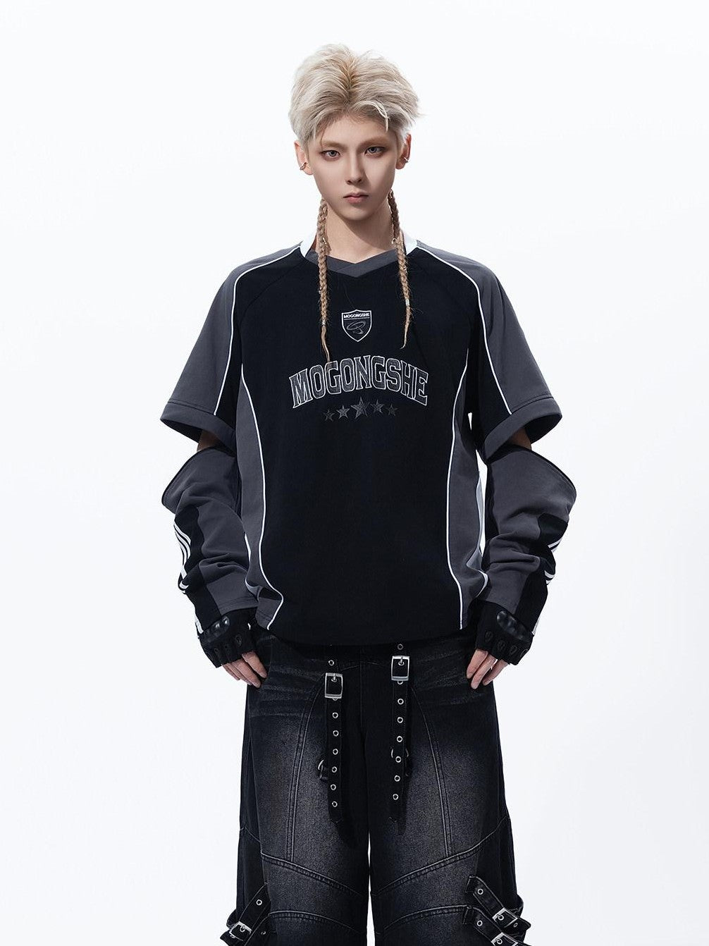 MOGONGSHE Vintage Biker Patchwork Embroidered Detachable Women's Long Sleeve T-shirts
