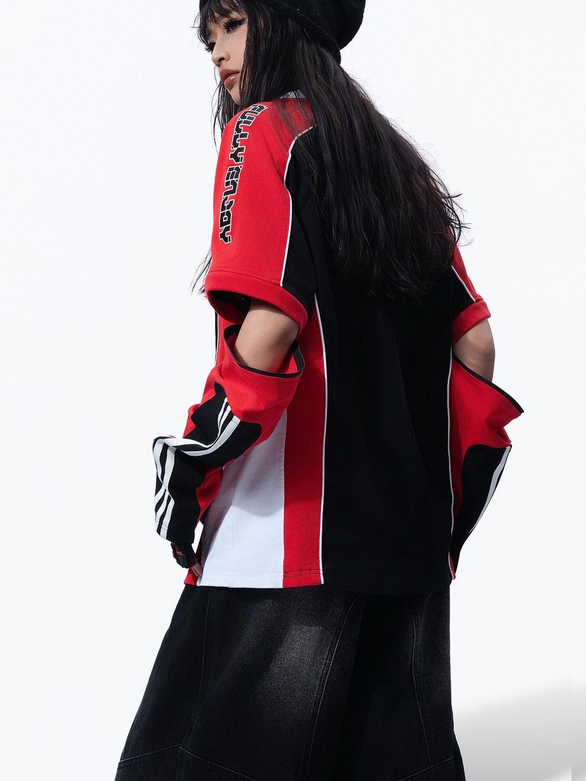 MOGONGSHE Vintage Biker Patchwork Embroidered Detachable Women's Long Sleeve T-shirts