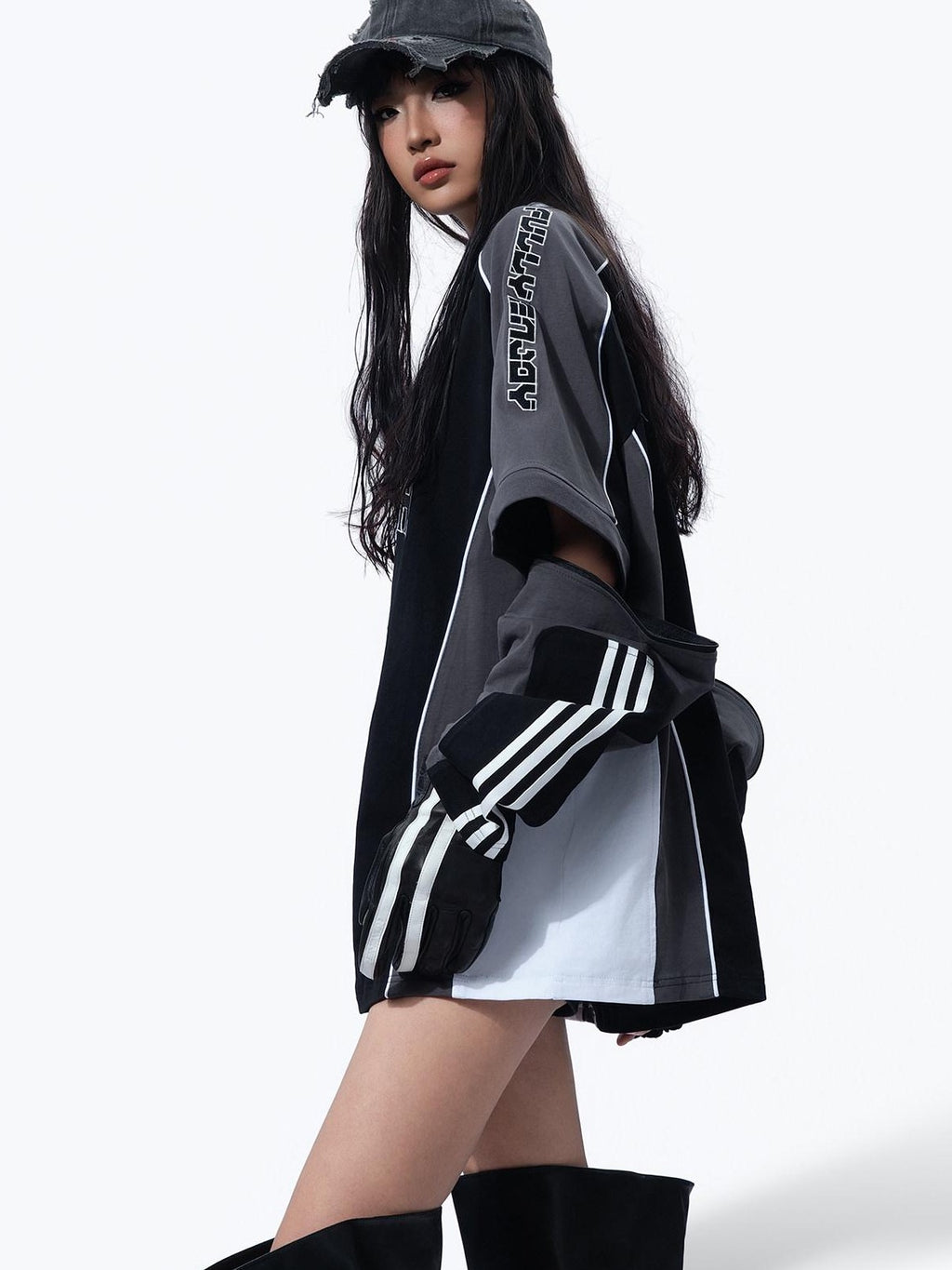 MOGONGSHE Vintage Biker Patchwork Embroidered Detachable Women's Long Sleeve T-shirts
