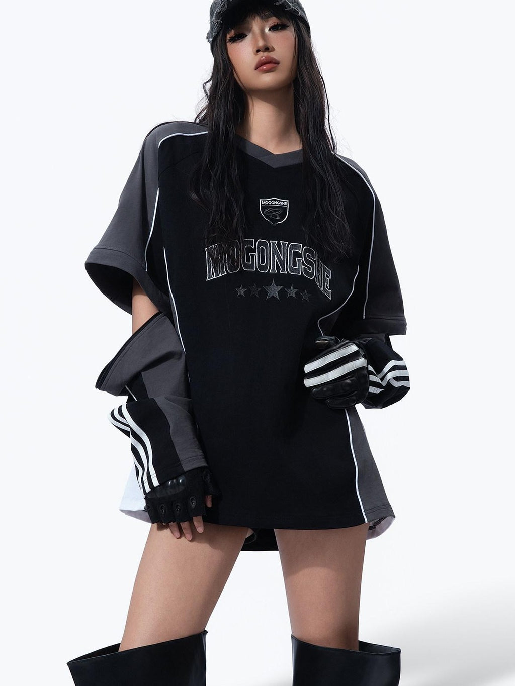 MOGONGSHE Vintage Biker Patchwork Embroidered Detachable Women's Long Sleeve T-shirts